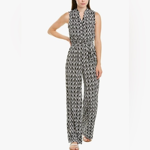 Donna Morgan Womens Black White Chevron Wide Leg Collared Jumpsuit Size 8 Work - Picture 2 of 13